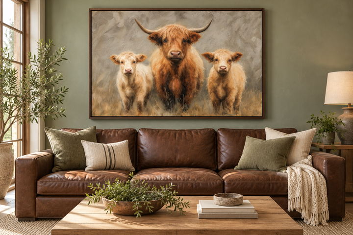 Highland Cow and Two Calves canvas wall art in a walnut frame above a brown leather sofa.