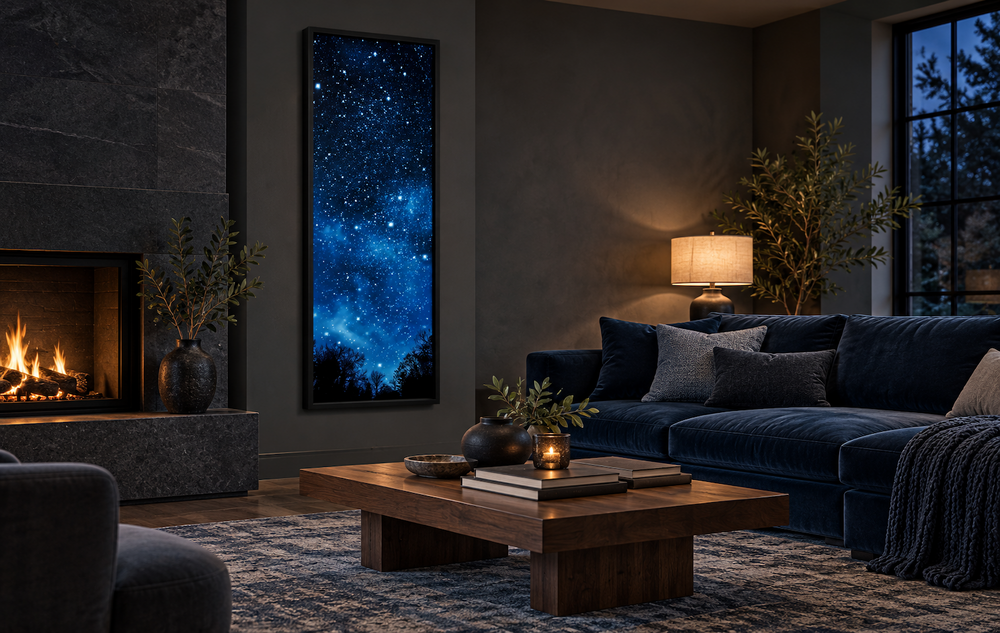 Tall narrow vertical framed canvas wall art featuring a navy blue Milky Way star field.