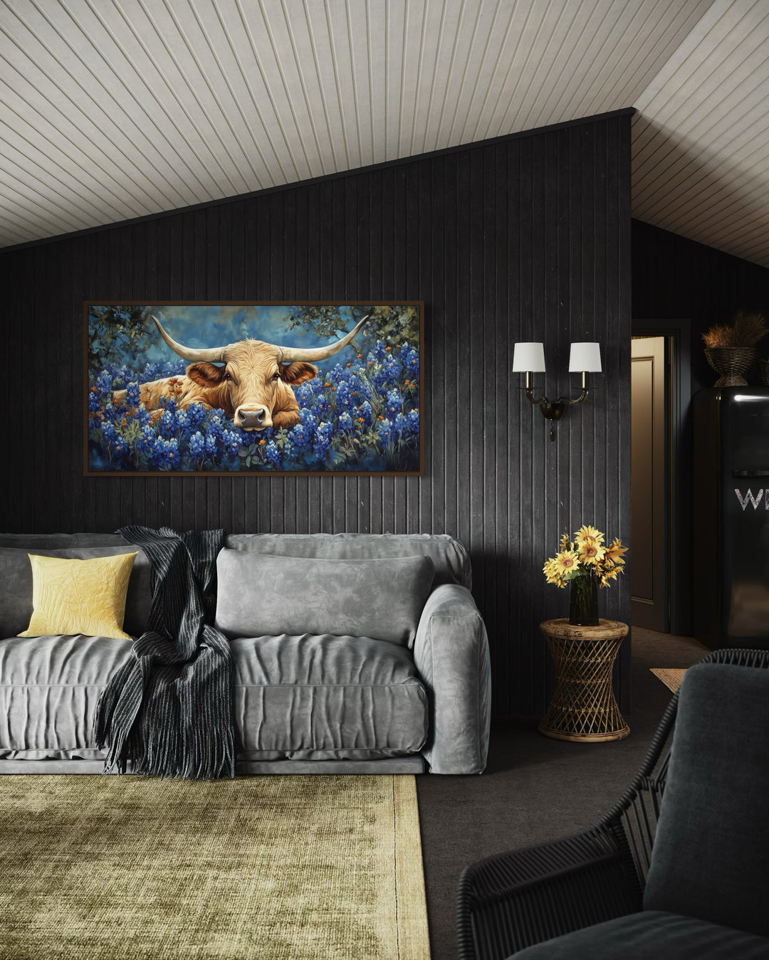 Longhorn in Bluebonnets Rustic Farmhouse Canvas Wall Art in a living room with a gray couch