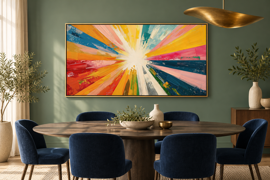 Framed abstract sun rays canvas wall art in a dining room with green walls and blue chairs.