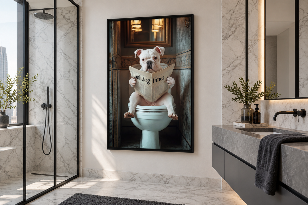 Framed wall art of an American Bulldog sitting on a toilet reading a newspaper in a modern bathroom.