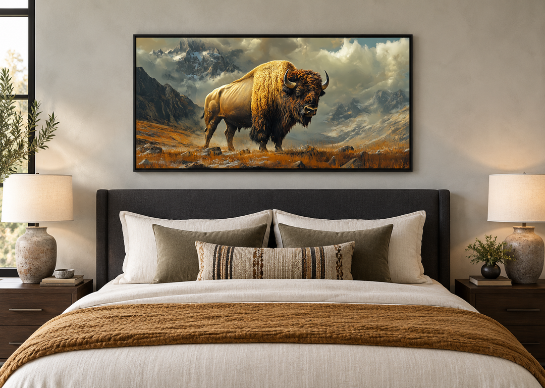 American Bison In Mountains Framed Canvas Wall Art hanging above a bed in a rustic bedroom.