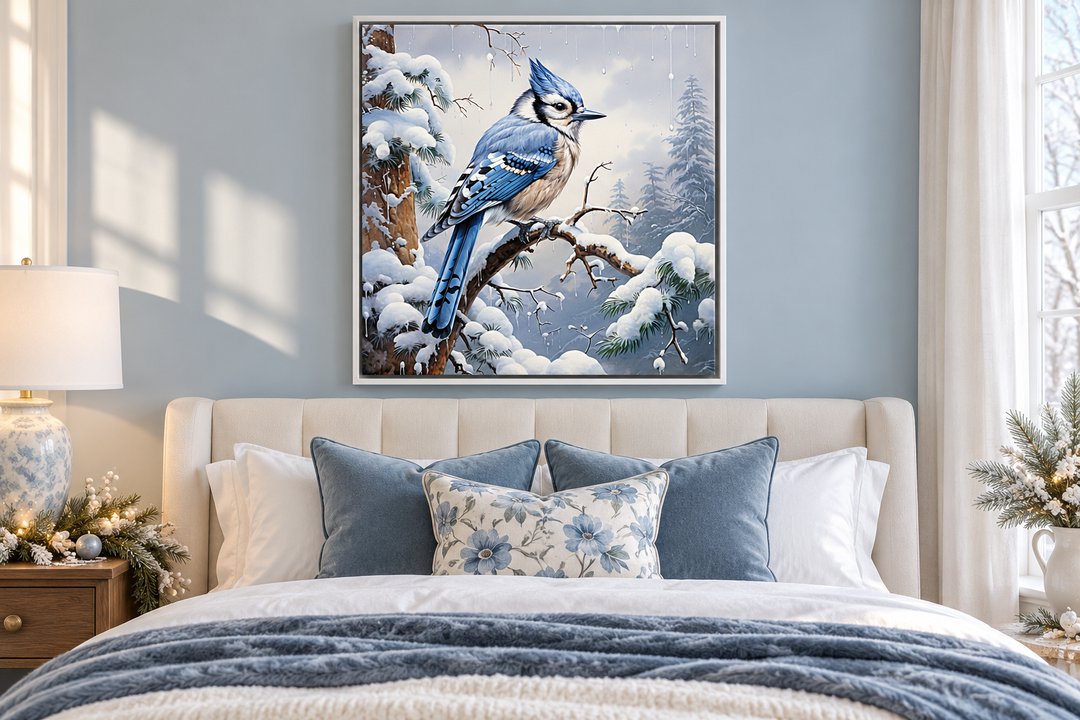 Blue Jay In Snow Winter Framed Canvas Wall Art For Christmas Decor