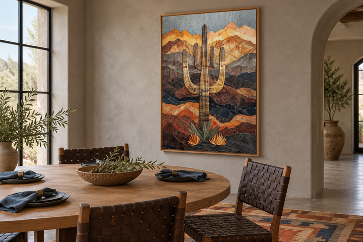 Saguaro cactus in the desert wood style southwestern wall art in a dining room setting.