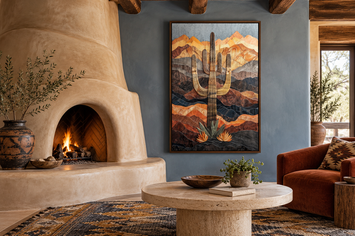 Framed wood-style wall art of a Saguaro cactus in a desert landscape above a fireplace.