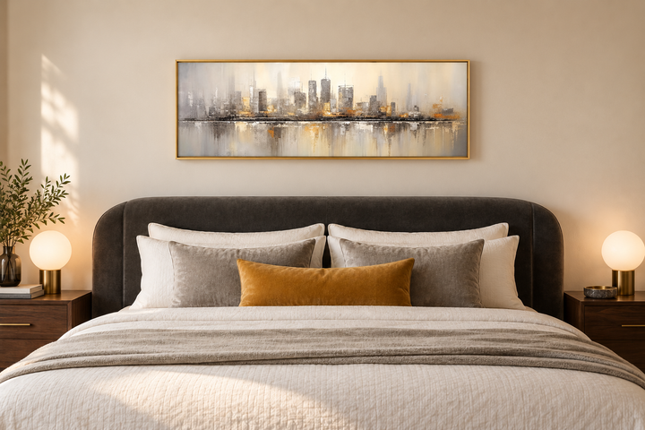 Gold and silver abstract Chicago skyline horizontal wall art in a gold frame above a bed.