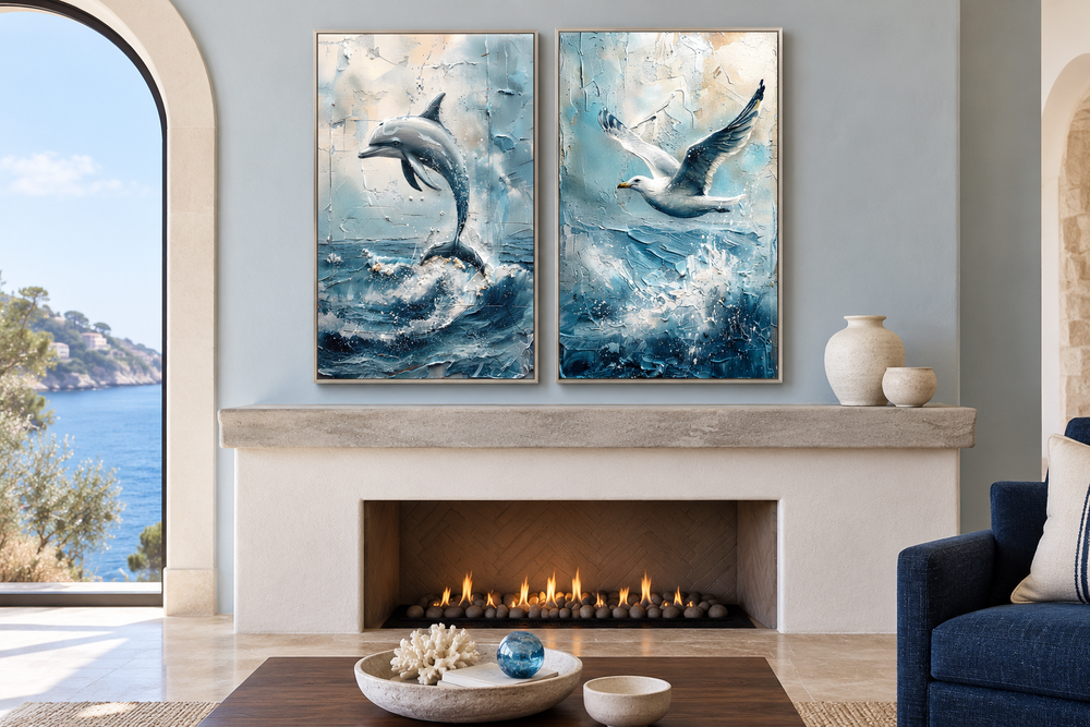 Set of 2 framed canvas wall art featuring an abstract dolphin and seagull in blue coastal tones.