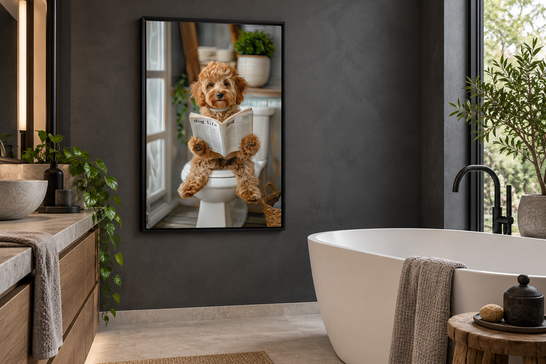 Framed wall art of a Cockapoo dog sitting on a toilet reading a newspaper in a modern bathroom.
