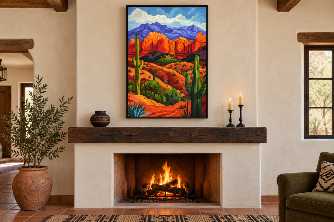 Colorful desert and saguaro cactus framed canvas wall art hanging above a rustic fireplace.