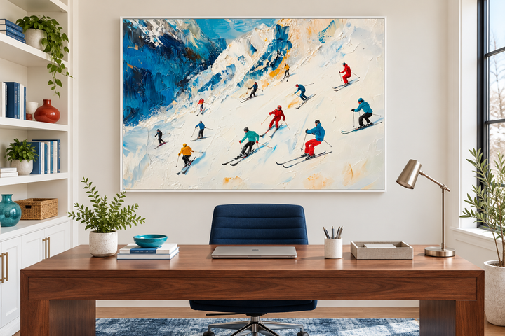 Colorful Skiers on Mountain Slope Framed Canvas Wall Art in a modern home office setting.