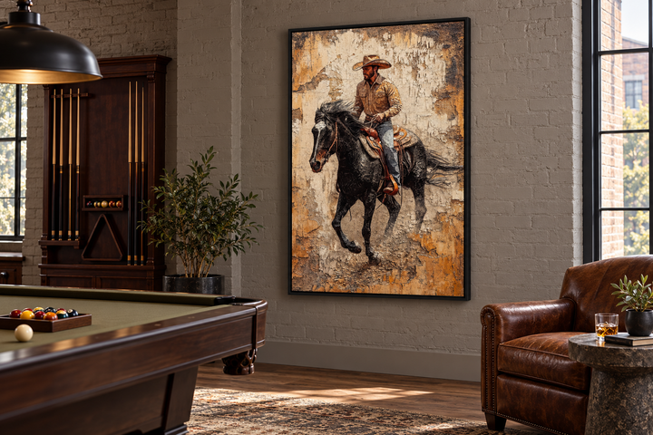 Cowboy on a black horse canvas print in a black frame, hung in a rustic billiard room.