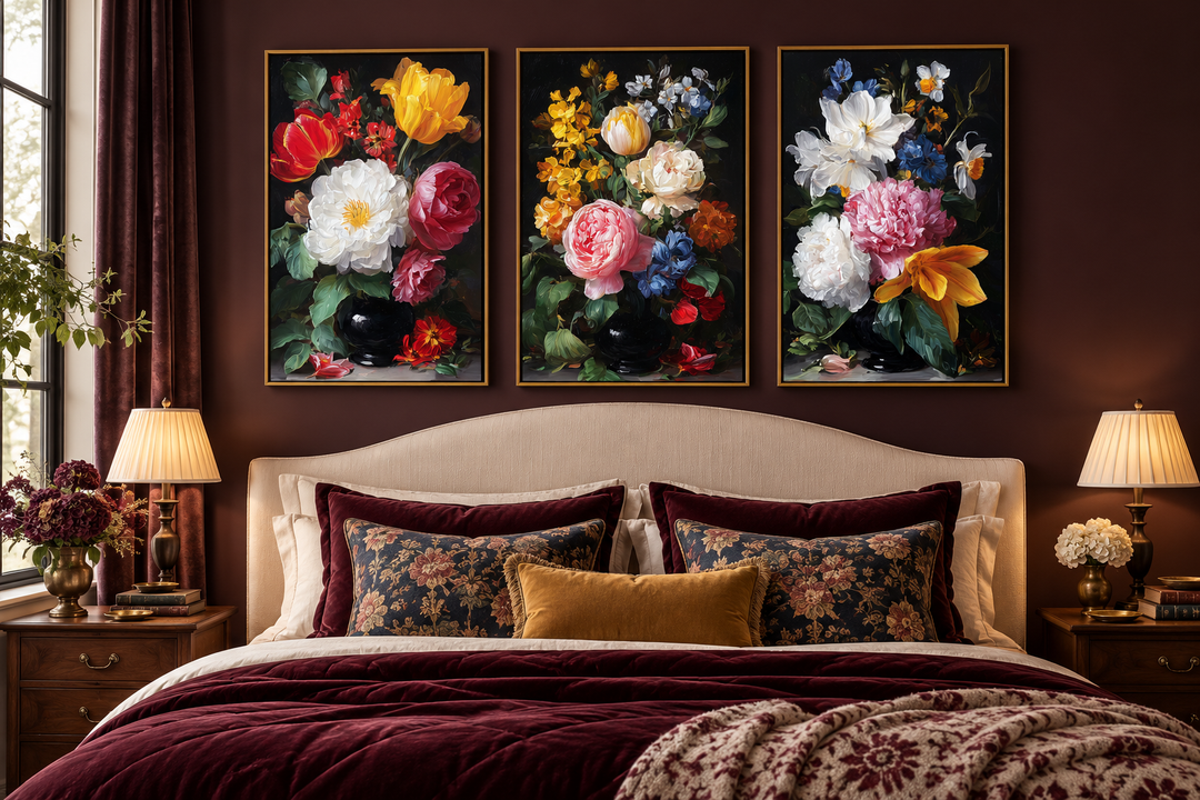Set of 3 dark academia vintage botanical floral canvas prints hanging above a bed in a bedroom.