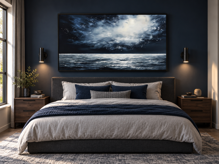 Dark horizontal framed canvas wall art of a starry night ocean seascape above a bed.