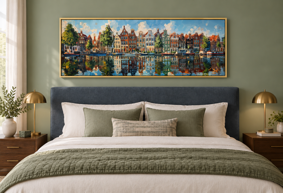 Dutch Houses And Canal Panoramic Framed Canvas Wall Art