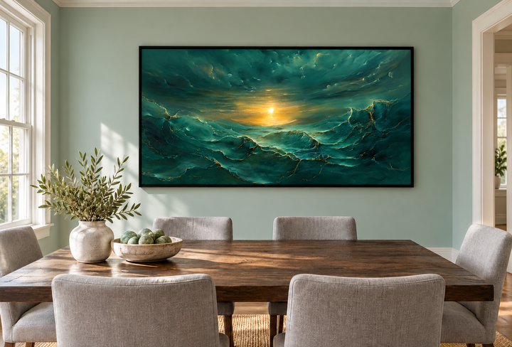 Abstract emerald green and gold ocean wave framed canvas wall art above a wooden dining table.