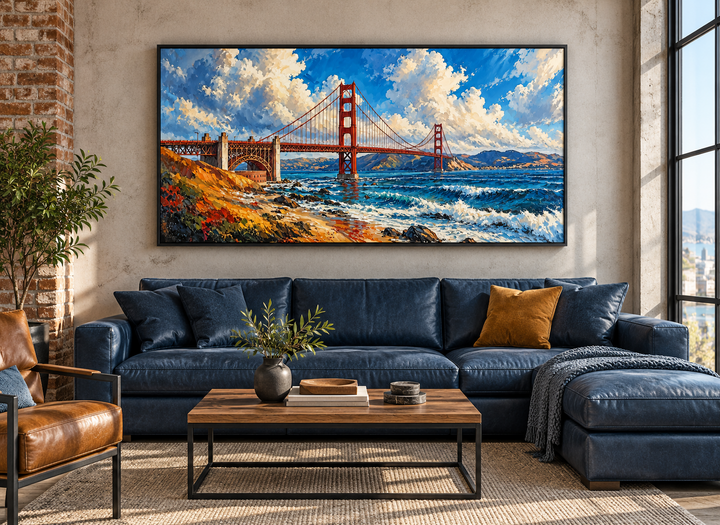 Framed oil painting of the Golden Gate Bridge above a blue leather sofa in an industrial room.