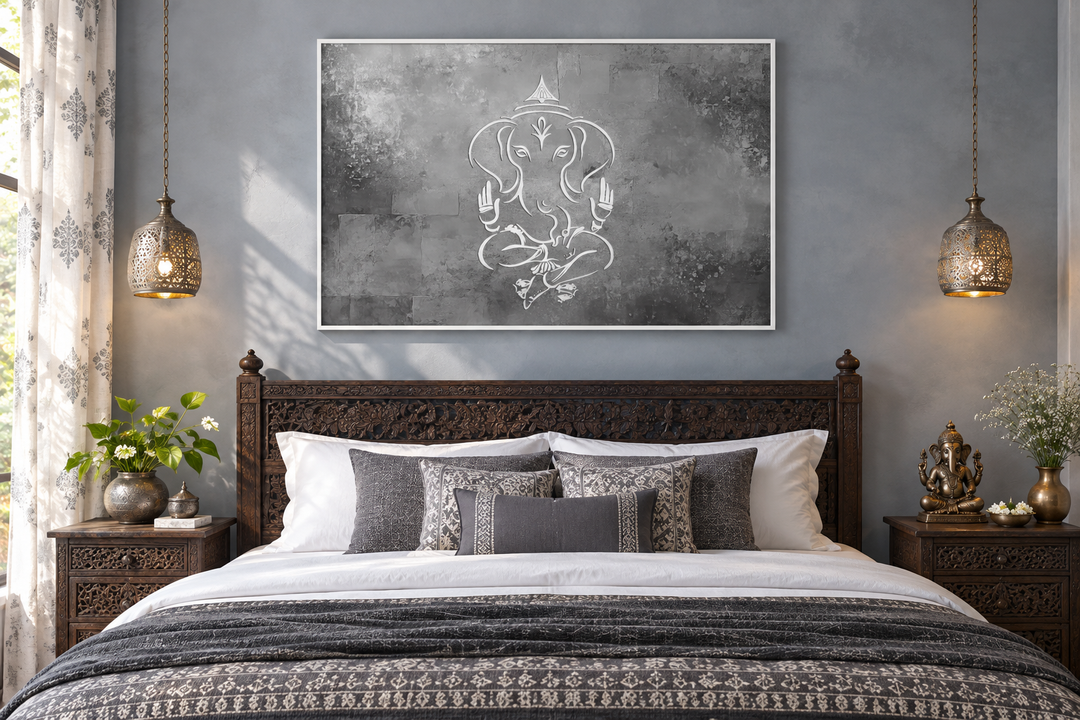 Minimalist Lord Ganesh abstract painting in grey, silver, and white on a bedroom wall.