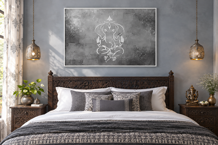 Minimalist Lord Ganesh abstract painting in grey, silver, and white on a bedroom wall.