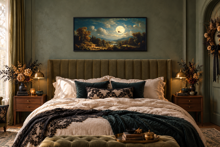 Hexe auf Besen – Halloween-Wandbild – Gotische Vollmondlandschaft