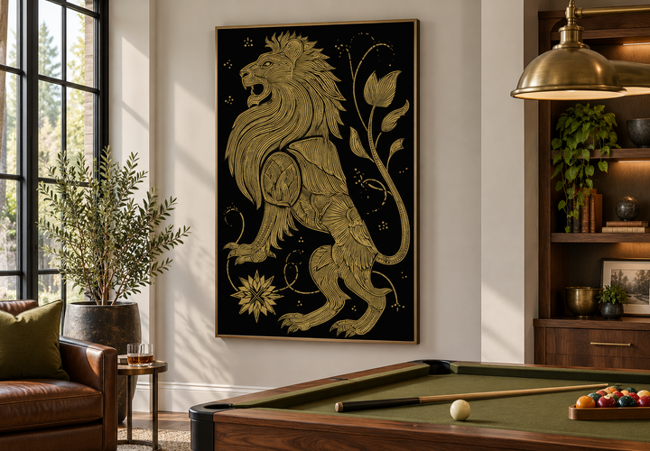 Heraldic gold lion canvas print on a black background in a man cave with a pool table.