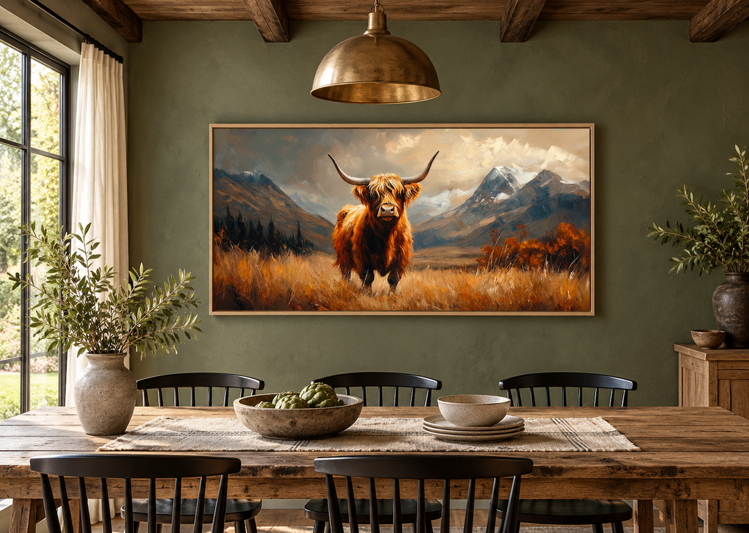 Leinwandbild „Highland Cow“ auf brauner Landschaft, gerahmt