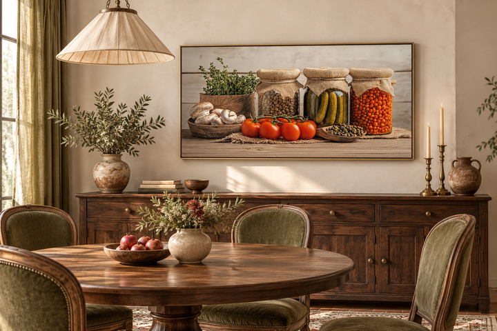 Spices and pickles framed canvas wall art hanging above a wooden sideboard in a rustic dining room.