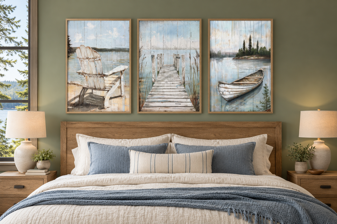 Set of 3 rustic lake house wall art featuring a fishing dock, old boat, and Adirondack chair.
