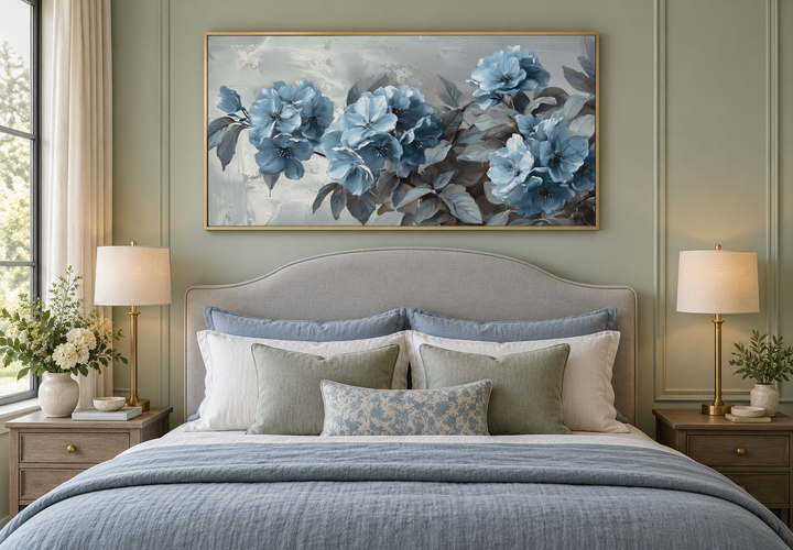 Large horizontal canvas print of abstract light blue flowers on a grey background in a gold frame.