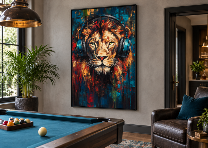 Lion DJ with headphones framed wall art in a modern man cave with a pool table and leather chair.