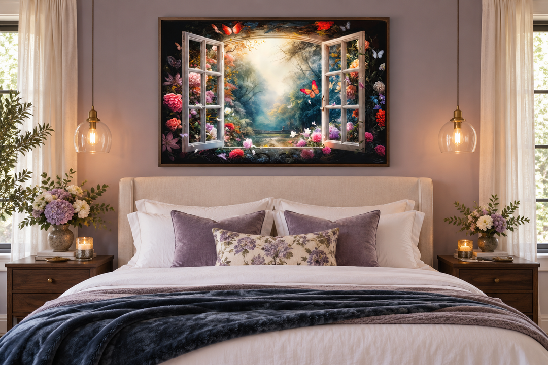 Enchanted forest view from an open window wall art hanging above a bed in a cozy bedroom.