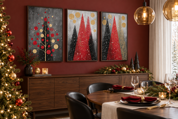 Set of 3 modern Christmas canvas prints featuring red and black holiday trees on a red wall.