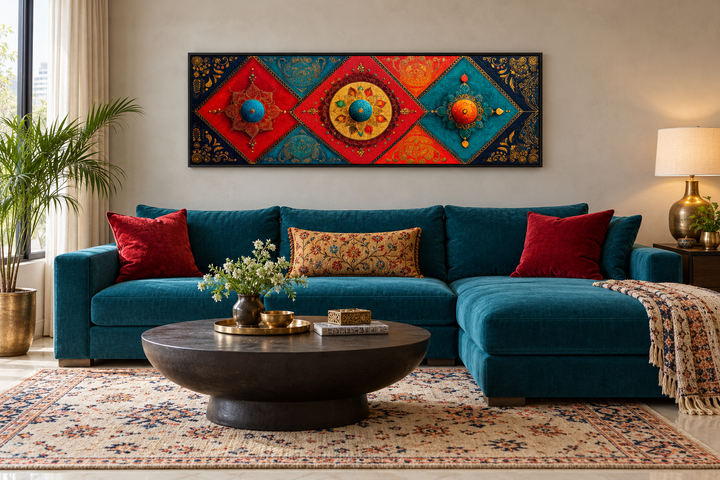 Modern long horizontal Indian canvas wall art with tribal diamond patterns above a teal sofa.