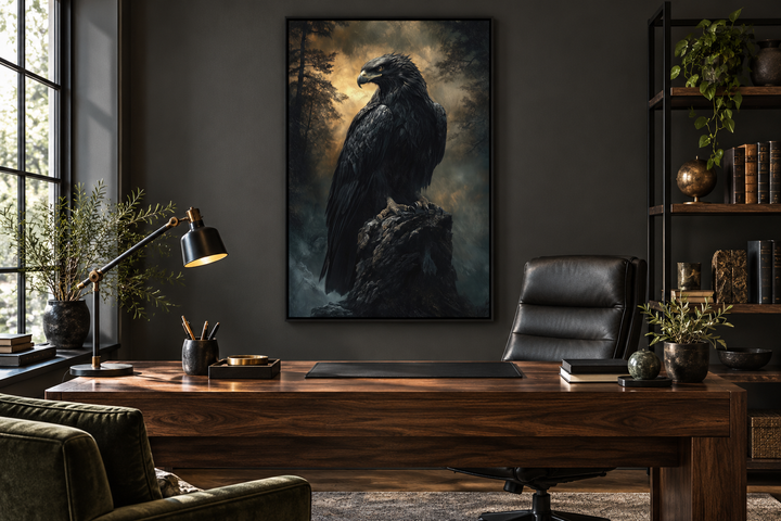 Moody dark gothic eagle framed canvas wall art hanging in a dark, sophisticated home office.