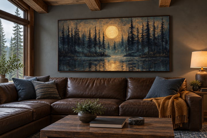 Panoramic canvas print of a full moon over a pine forest and lake, hanging above a leather sofa.