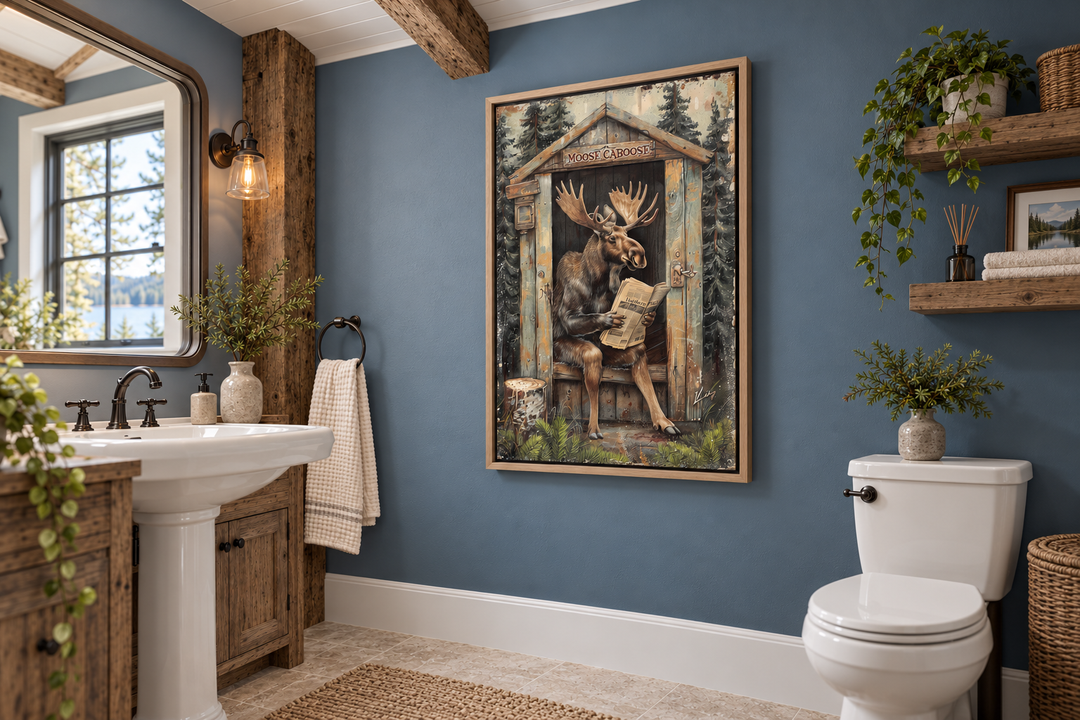 Framed wall art of a moose reading a newspaper in an outhouse, hung in a rustic blue bathroom.
