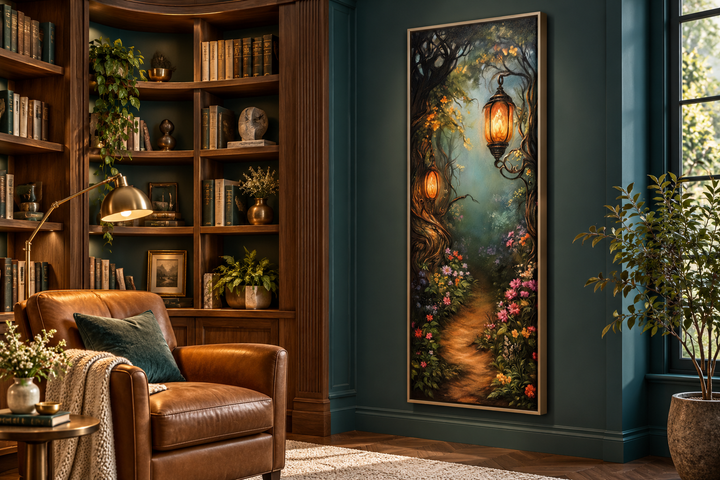 Tall narrow framed wall art of an enchanted forest path with glowing lanterns in a library setting.