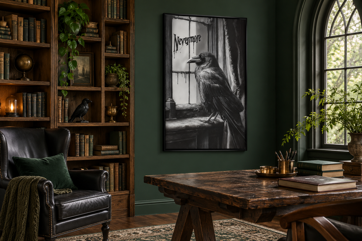 Black and white Nevermore raven art print in a black frame on a dark green wall in a gothic library.
