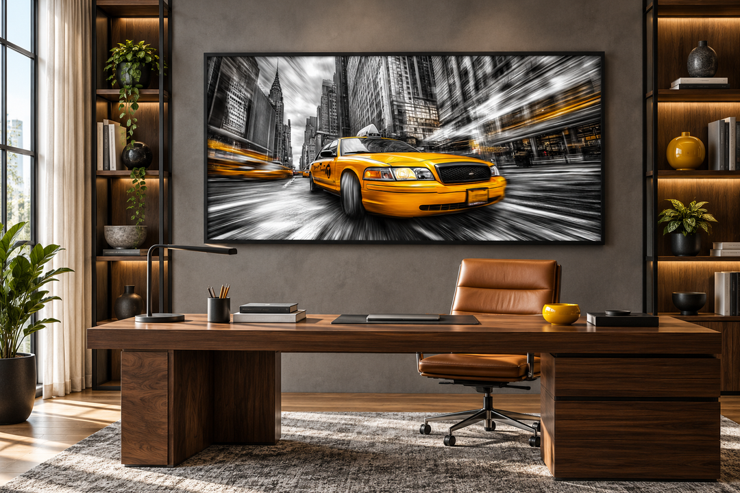 New York City yellow taxi graffiti style canvas wall art in a black frame above a wooden desk.