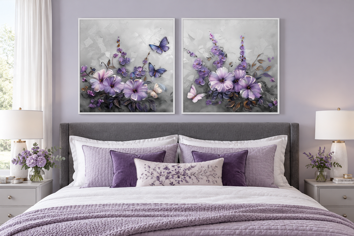Set of 2 light purple floral prints with lavender blossoms and butterflies in white frames.