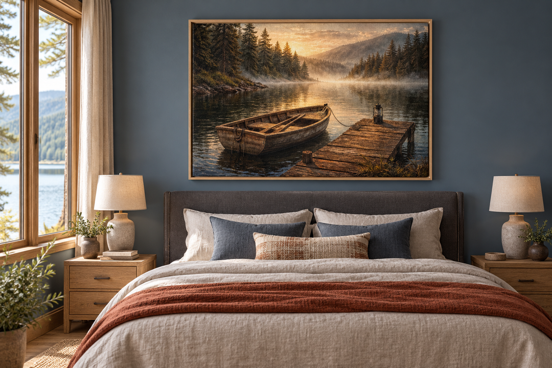 Rustic rowboat painting on canvas above a bed in a cozy lakehouse bedroom with blue walls.