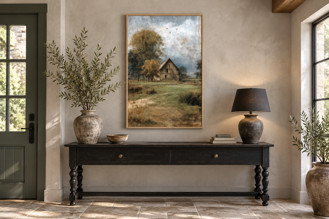 Rustic farmhouse vertical canvas print of a weathered barn in a peaceful countryside landscape.