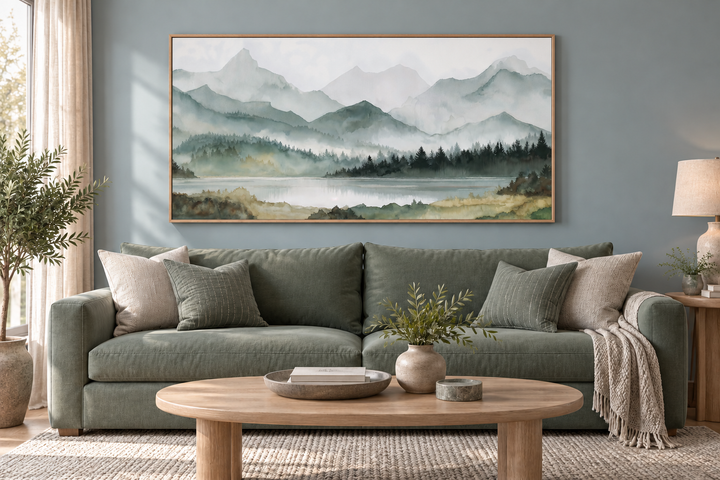 Sage green mountain lake landscape watercolor painting in an oak frame above a green sofa.