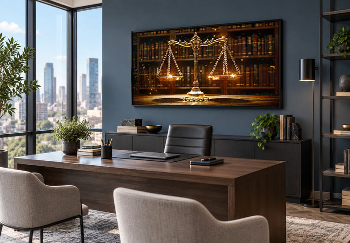 Framed canvas print of golden scales of justice displayed on a blue wall in a modern law office.