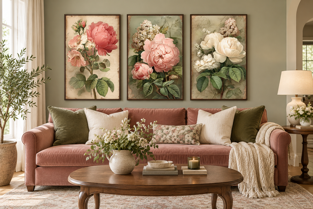 Set of 3 vintage rose floral botanical wall art prints in dark frames above a pink velvet sofa.