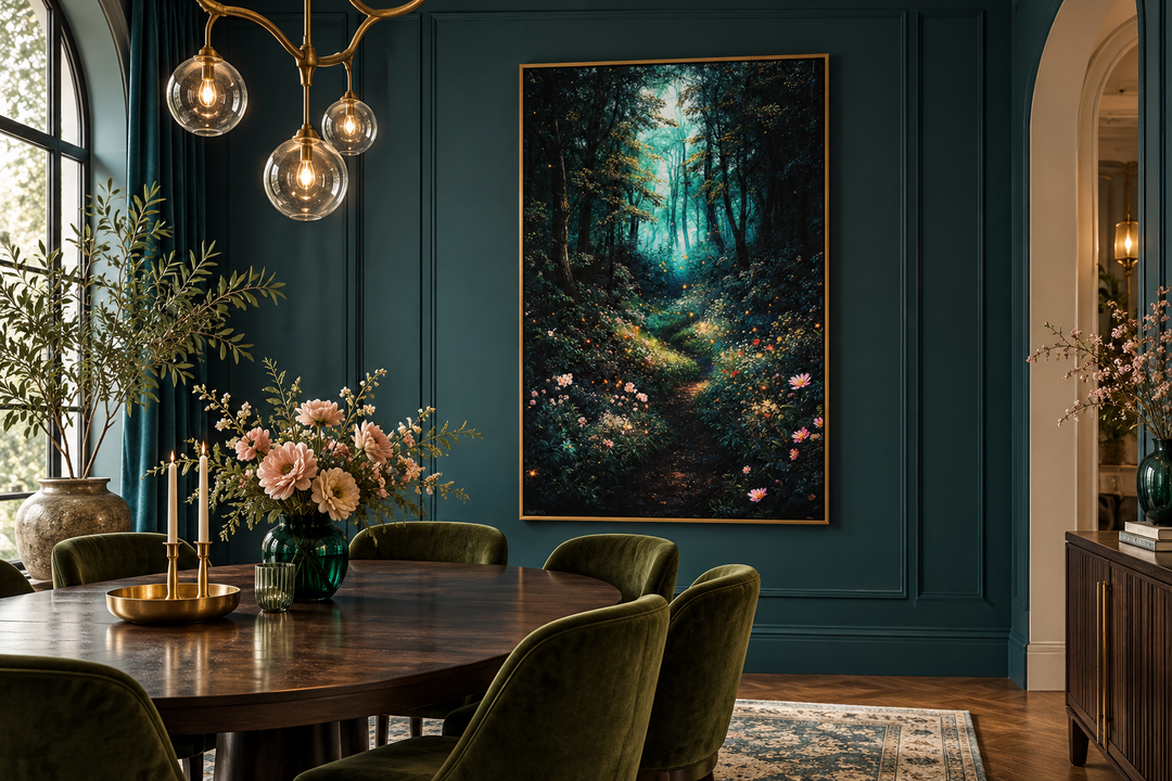 Enchanted Forest With Mystical Lights Framed Canvas Wall Art in a gold frame on a dark teal wall.