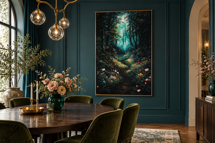 Enchanted Forest With Mystical Lights Framed Canvas Wall Art in a gold frame on a dark teal wall.