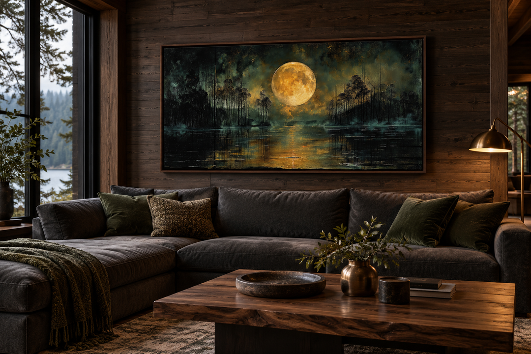 Gothic wall art of a full yellow moon over a dark lake, framed in a rustic cabin living room.