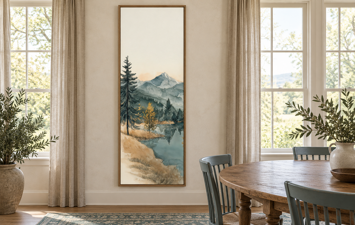 Toile murale verticale haute et étroite représentant un lac de montagne.