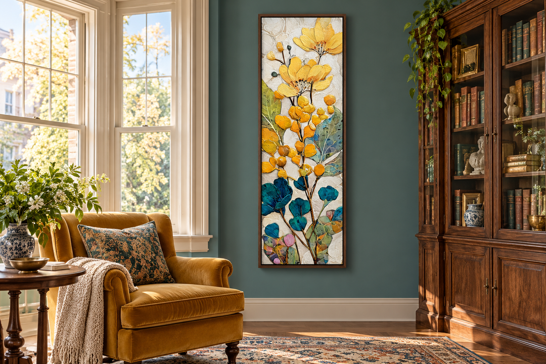 Tall narrow vertical canvas wall art with yellow and blue botanical floral design in a wood frame.