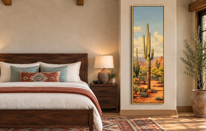 Tall vertical saguaro cactus canvas wall art in a gold frame on a bedroom wall.